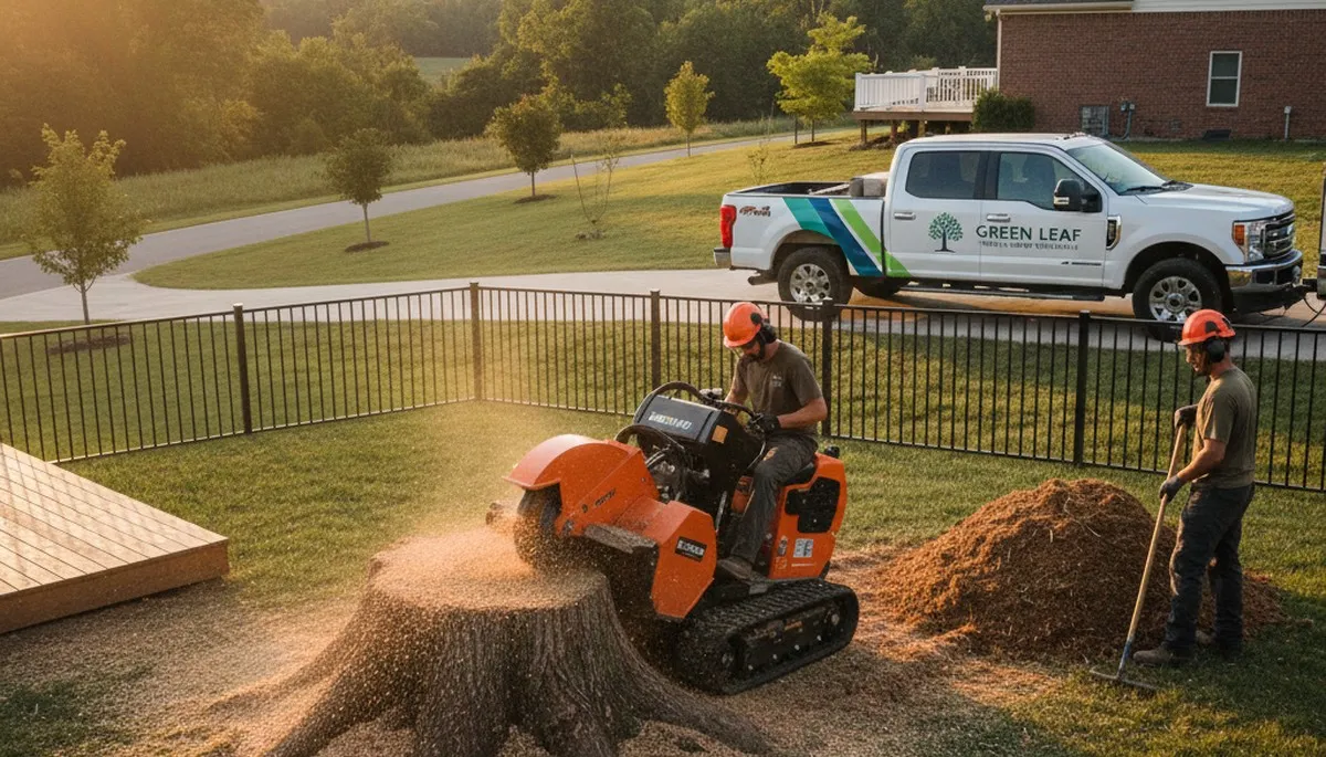 Arborist performing professional stump removal service in residential yard, Lakeland FL