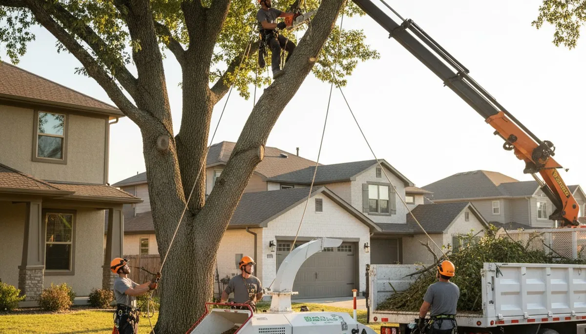 Professional tree removal team working in Lakeland, FL yard with safety gear and equipment