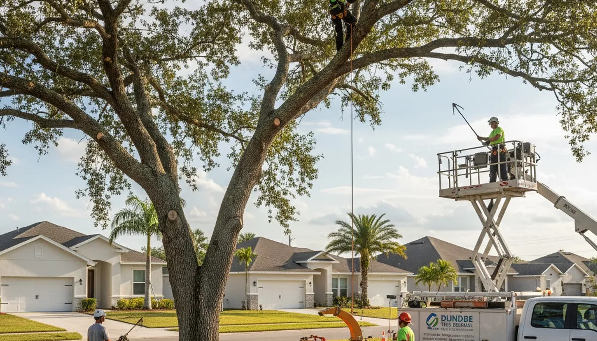 Professional tree removal service in Lakeland FL safely cutting large oak tree