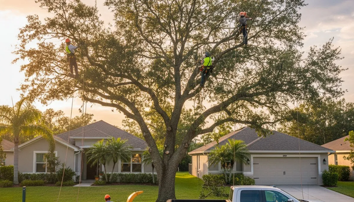 Professional tree removal service in Lakeland FL safely cutting large oak tree branches