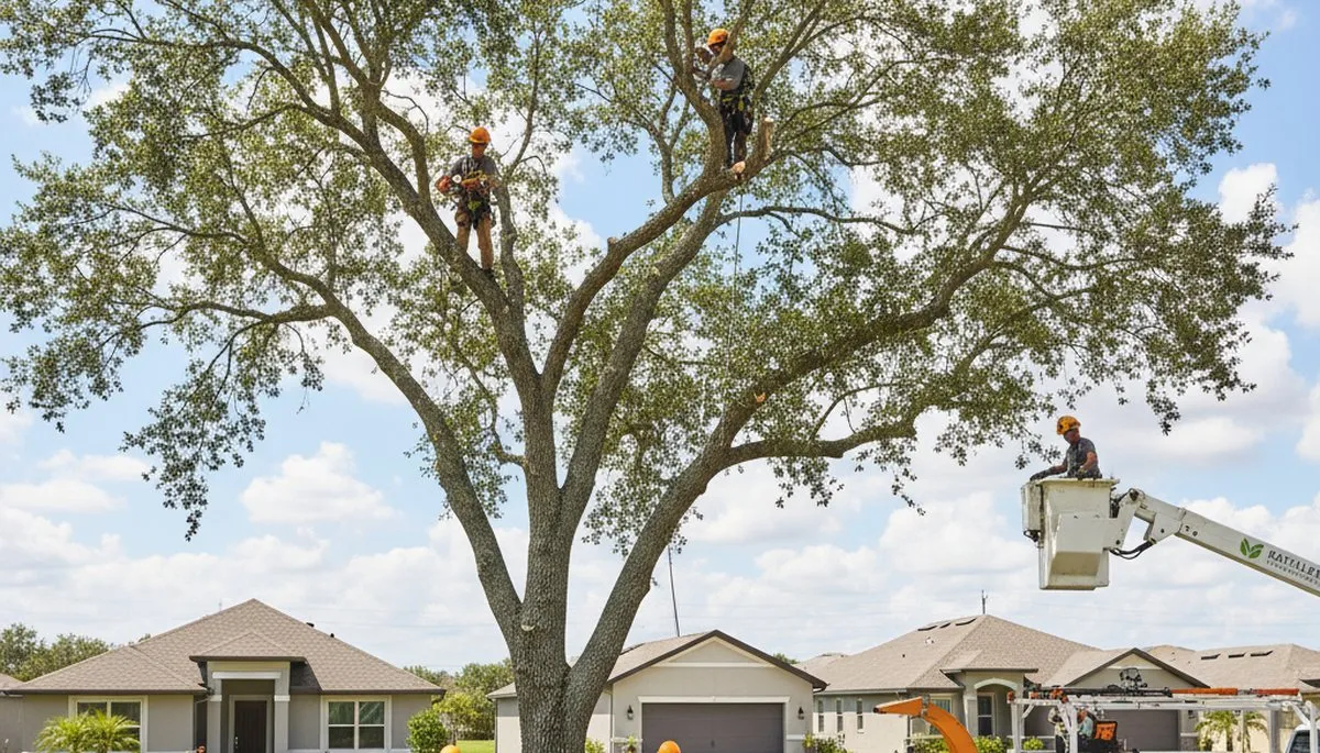 Professional tree removal service in Lakeland FL safely cutting down damaged oak tree