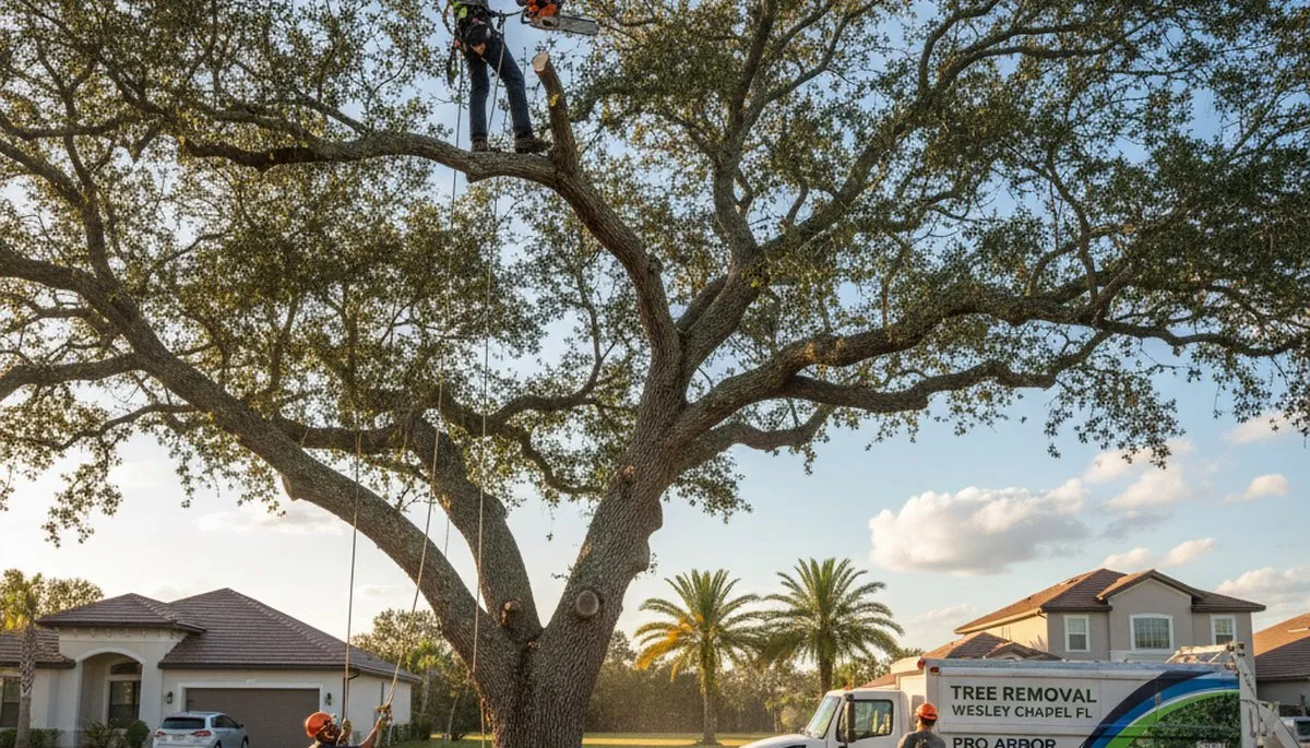 Professional tree removal service in Lakeland FL safely cutting and clearing large residential trees