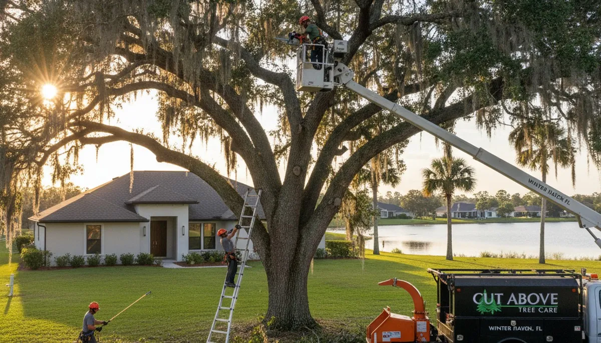 Professional tree removal service in Lakeland FL safely cutting down large oak tree