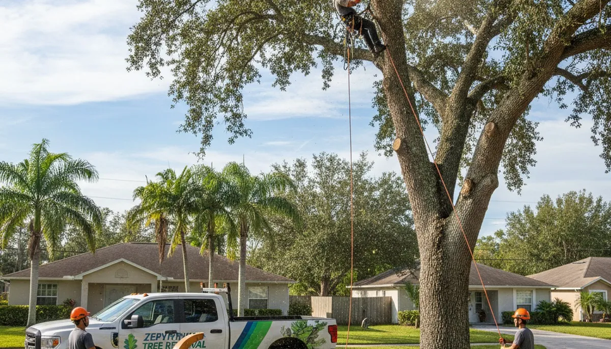 Professional tree removal service in Lakeland FL safely cutting and clearing large oak tree branches