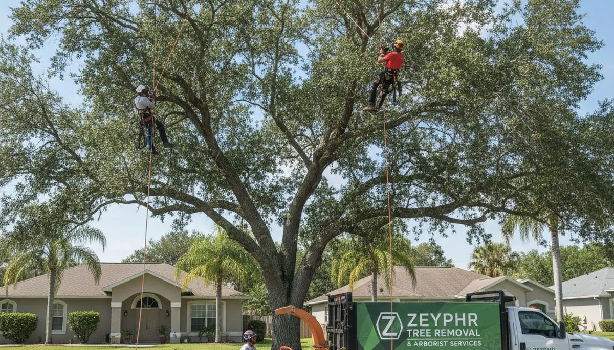 Professional tree removal service in Lakeland FL safely cutting large oak tree branches
